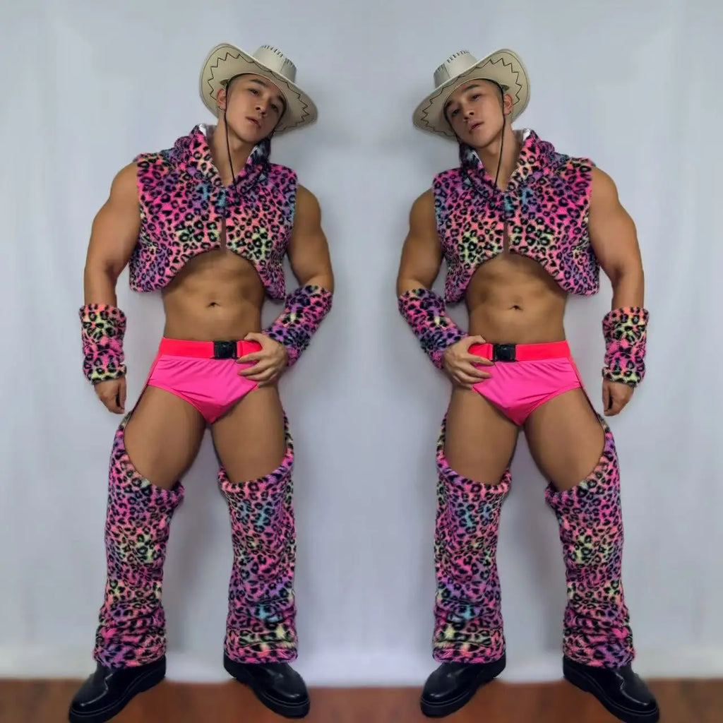 Men's Nightclub Party Performance Costume Pink Faux Fur Vest Hollow Pants Outfit