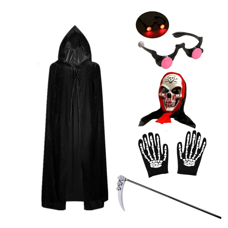 Kids Grim Reaper Costume with Glowing Red Eyes – Halloween Scary Outfit