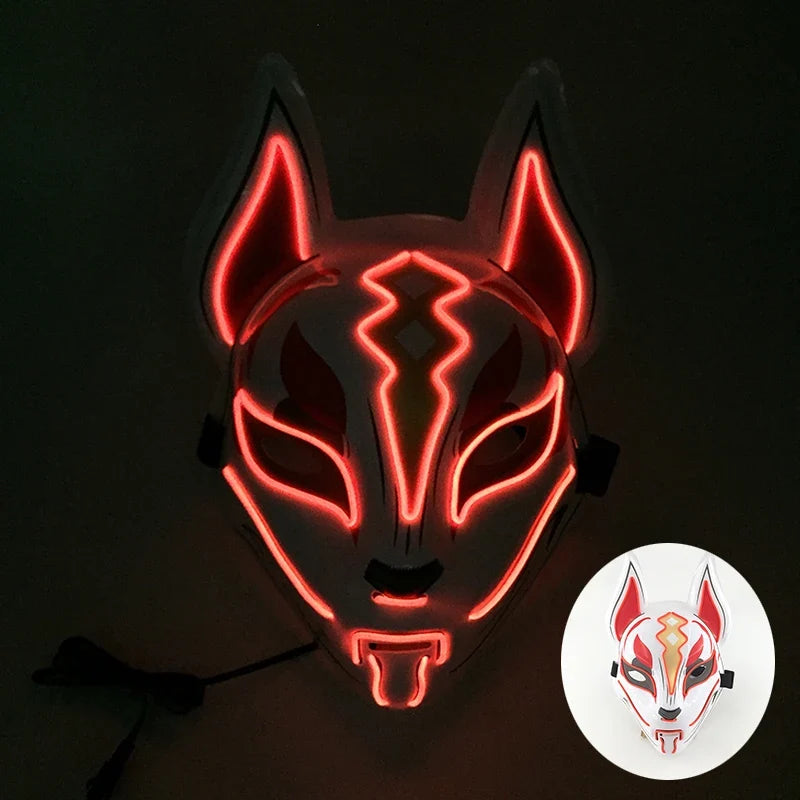 LED Fox Mask Neon Light Up Japanese Kitsune Mask for Halloween Cosplay Party Rave Festival Costume Glowing EL Wire Masque