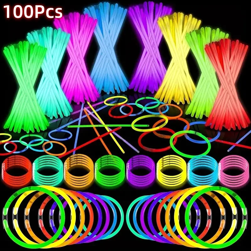 100Pcs 8-Inch Neon Glow Sticks Toys Vibrant Multicolor Glow Ties for DIY Jewelry Party Gifts Birthdays Halloween Decorations