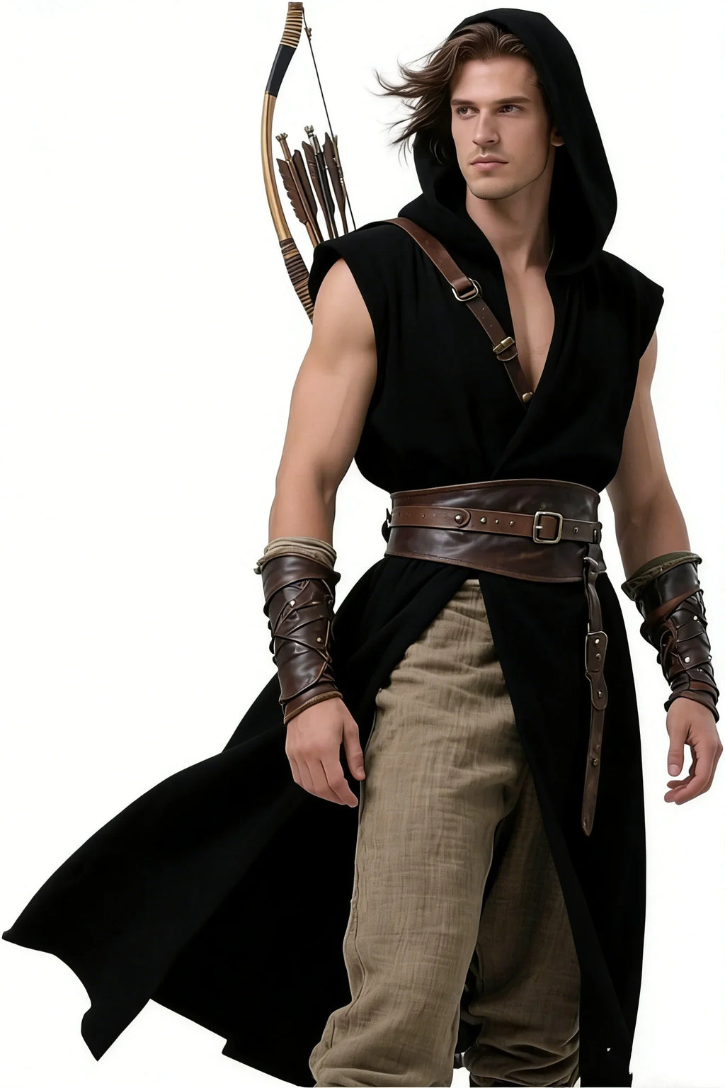 Men's Medieval Hooded Surcoat Renaissance Tabard Sleeveless Tunic Cloak Viking Costume Holloween Assassin Cosplay