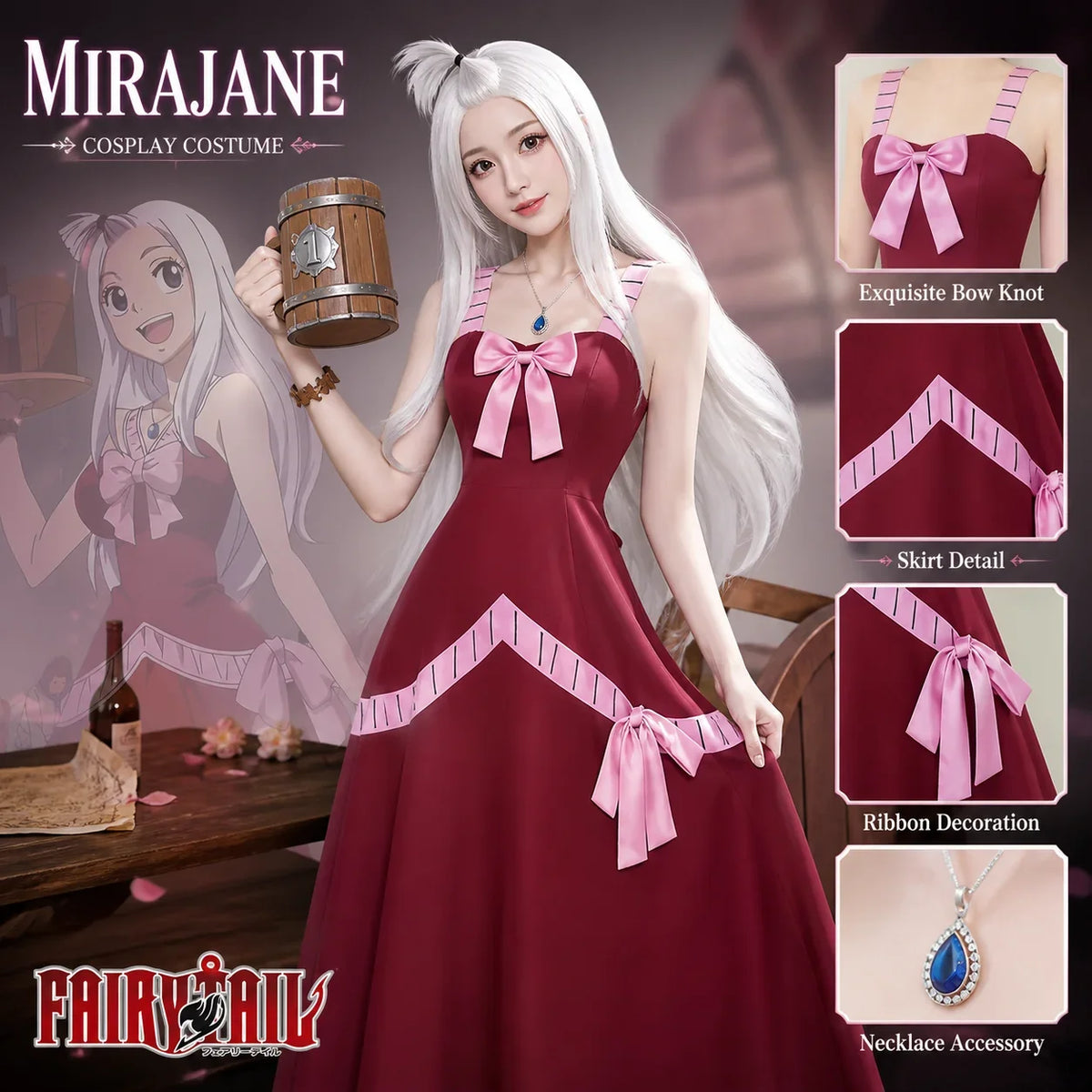 Anime Mirajane Strauss Fairy Tail Red Long Dress Cosplay Full Set Costume Outfit Women Halloween Party Stage Cos Convention