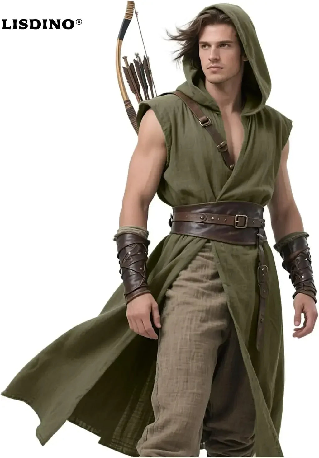 Men's Medieval Hooded Surcoat Renaissance Tabard Sleeveless Tunic Cloak Viking Costume Holloween Assassin Cosplay