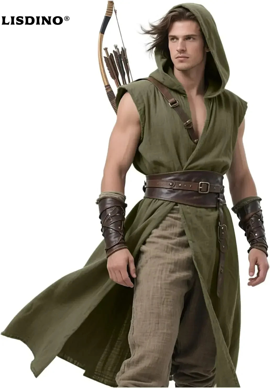 Men's Medieval Hooded Surcoat Renaissance Tabard Sleeveless Tunic Cloak Viking Costume Holloween Assassin Cosplay