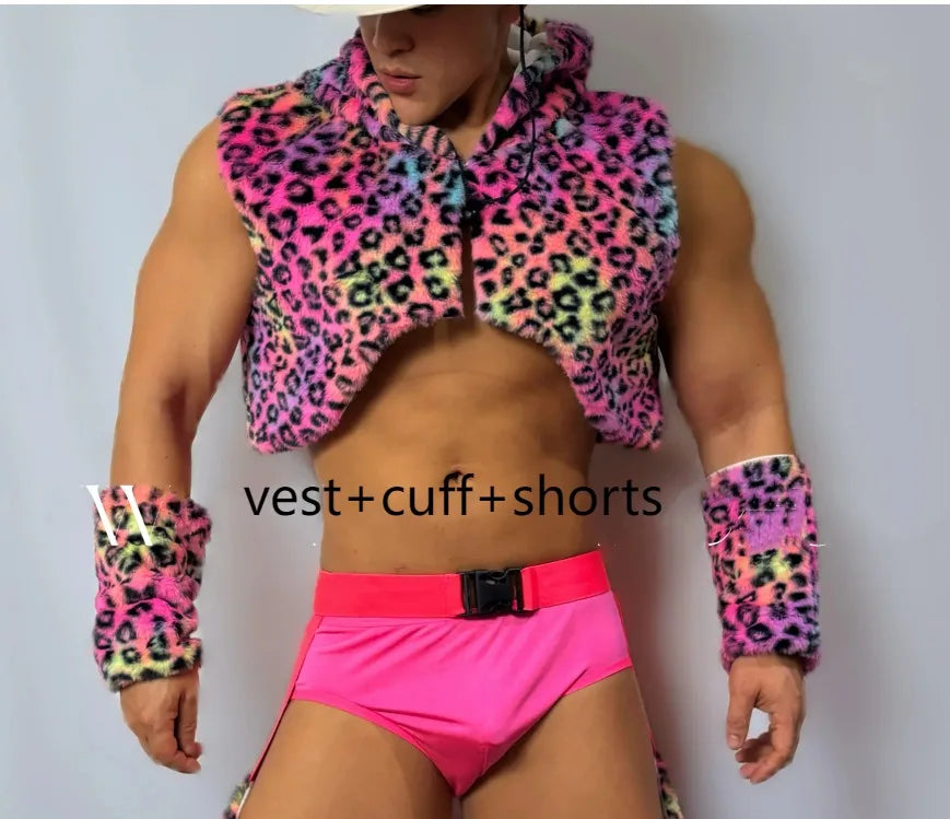 Men's Nightclub Party Performance Costume Pink Faux Fur Vest Hollow Pants Outfit