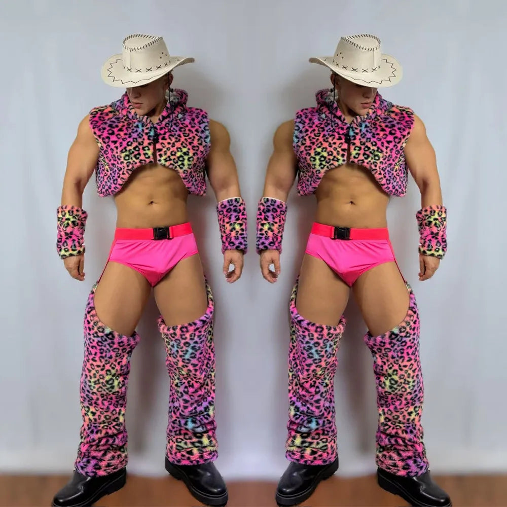 Men's Nightclub Party Performance Costume Pink Faux Fur Vest Hollow Pants Outfit
