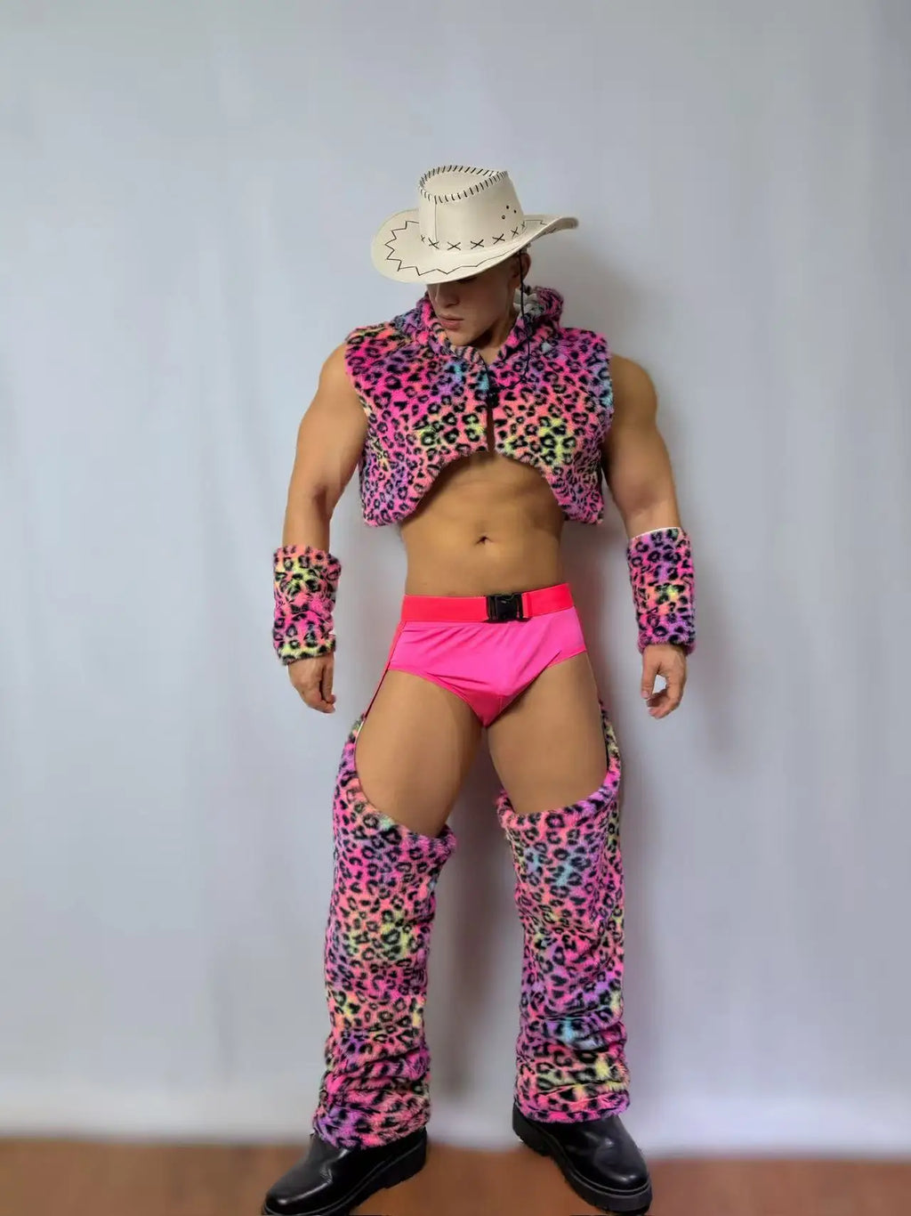 Men's Nightclub Party Performance Costume Pink Faux Fur Vest Hollow Pants Outfit