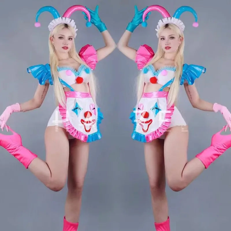 Halloween Clown Cosplay Costume Women Bar Role Playing Stage Performance Clothes Pink Blue Tops Shorts Dance Outfit