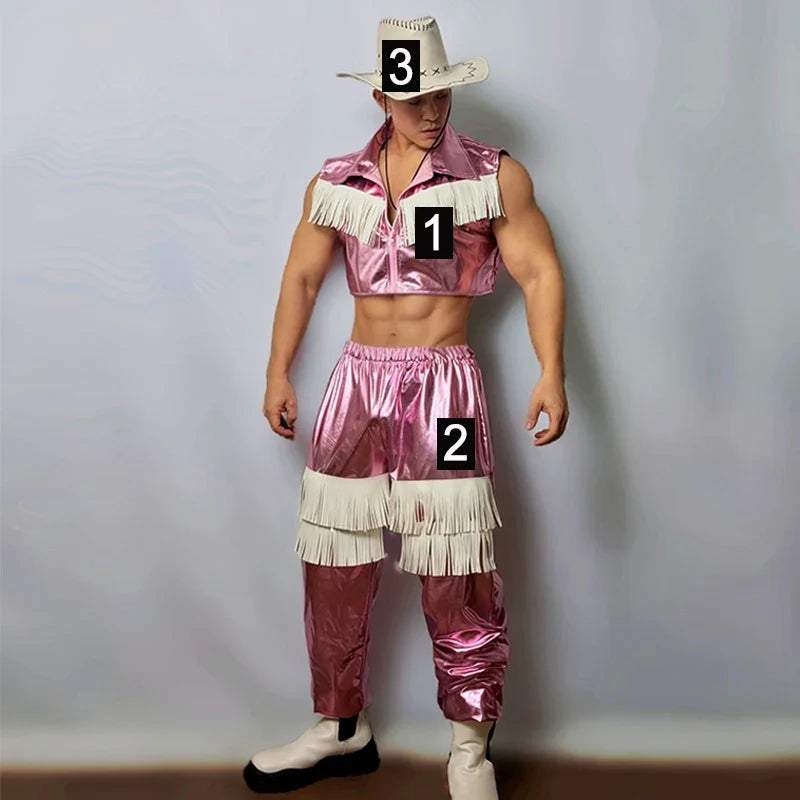 Men's Pink Western Cowboy Fringe Stage Outfit & Gogo Dance Performance Costume