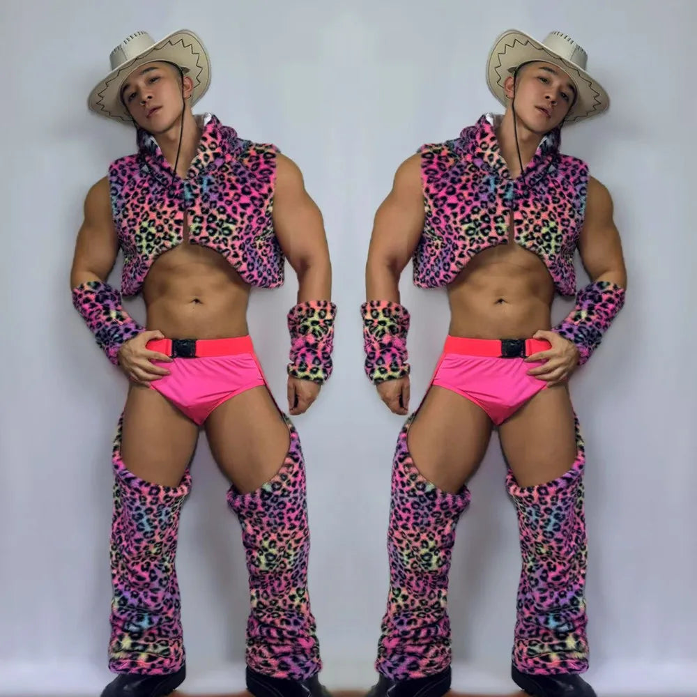 Men's Nightclub Party Performance Costume Pink Faux Fur Vest Hollow Pants Outfit