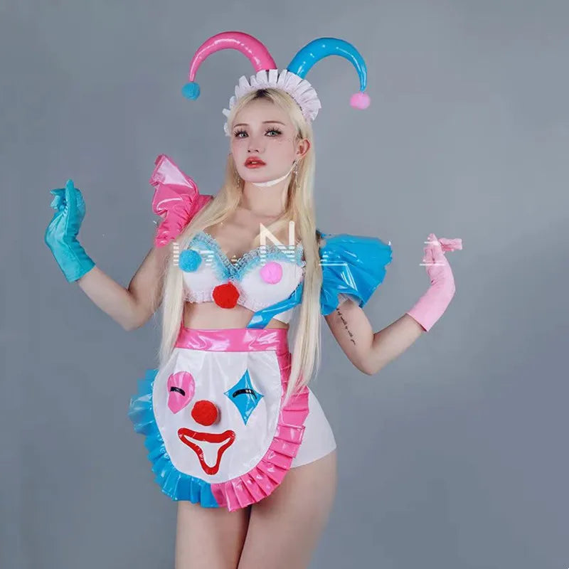 Halloween Clown Cosplay Costume Women Bar Role Playing Stage Performance Clothes Pink Blue Tops Shorts Dance Outfit