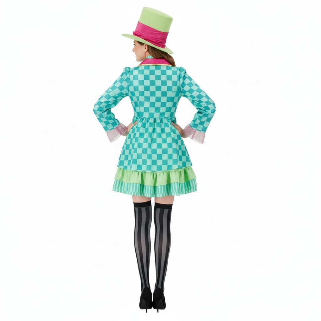 Hatter Costume Women Mad Tea Party Halloween Cosplay Dress with Bowtie Top Hat Leggings Mardi Gras Parade Outfits - Green - Size XS