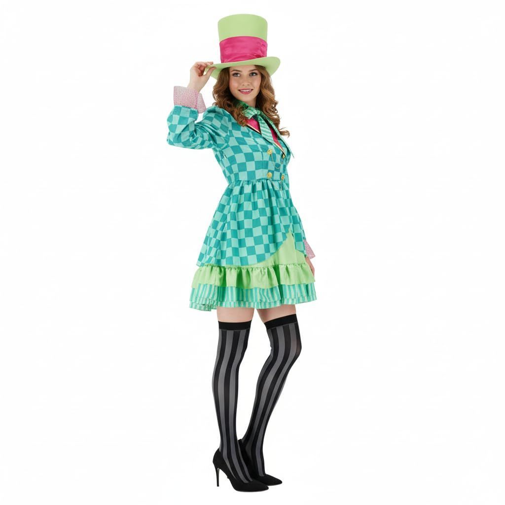 Hatter Costume Women Mad Tea Party Halloween Cosplay Dress with Bowtie Top Hat Leggings Mardi Gras Parade Outfits - Green - Size XS