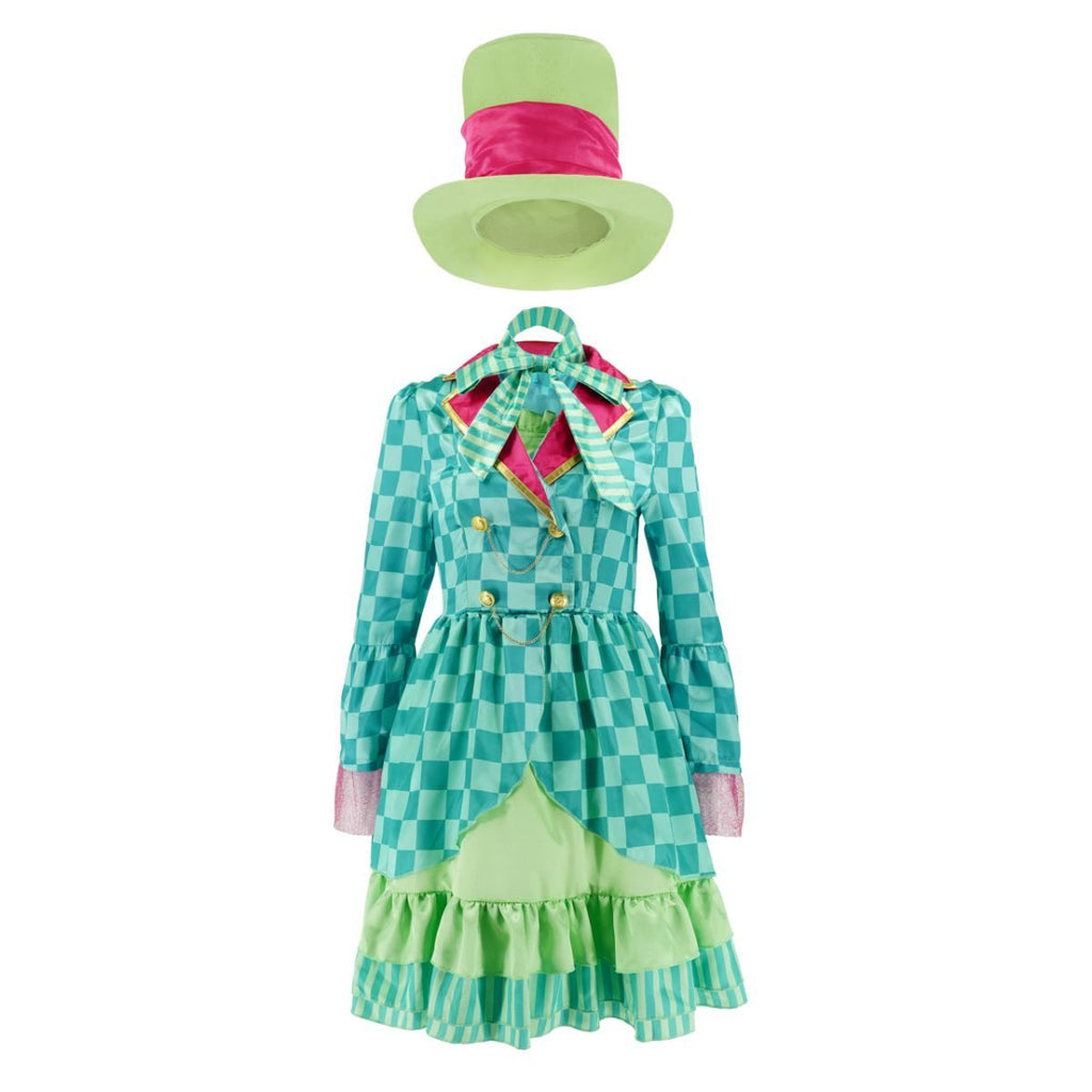 Hatter Costume Women Mad Tea Party Halloween Cosplay Dress with Bowtie Top Hat Leggings Mardi Gras Parade Outfits - Green - Size XS