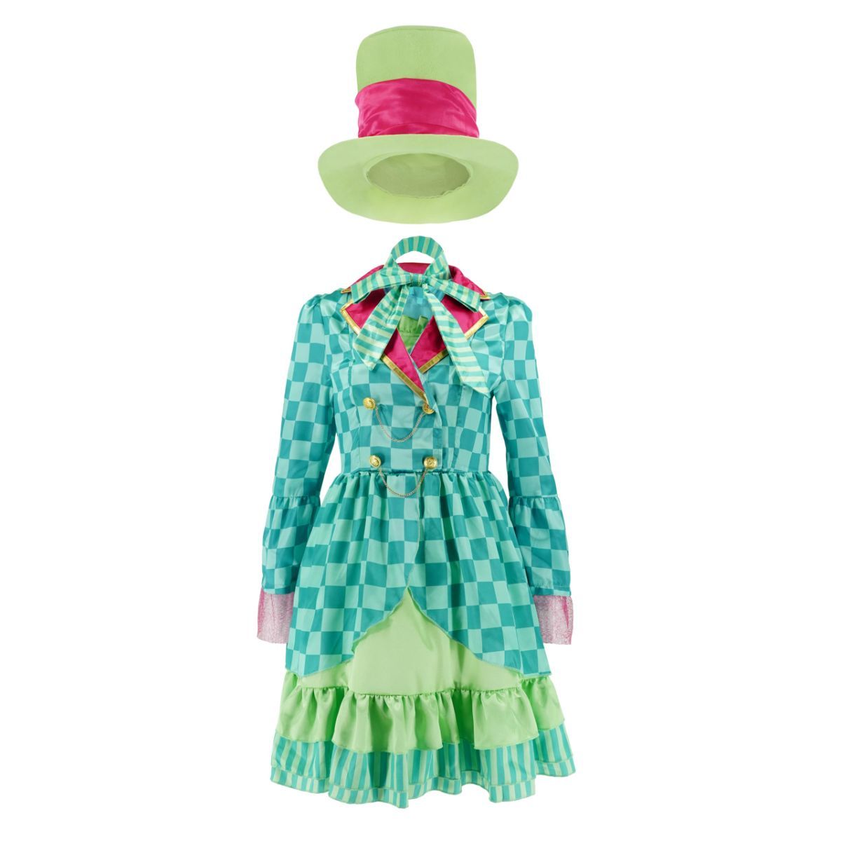 Hatter Costume Women Mad Tea Party Halloween Cosplay Dress with Bowtie Top Hat Leggings Mardi Gras Parade Outfits - Green - Size XS