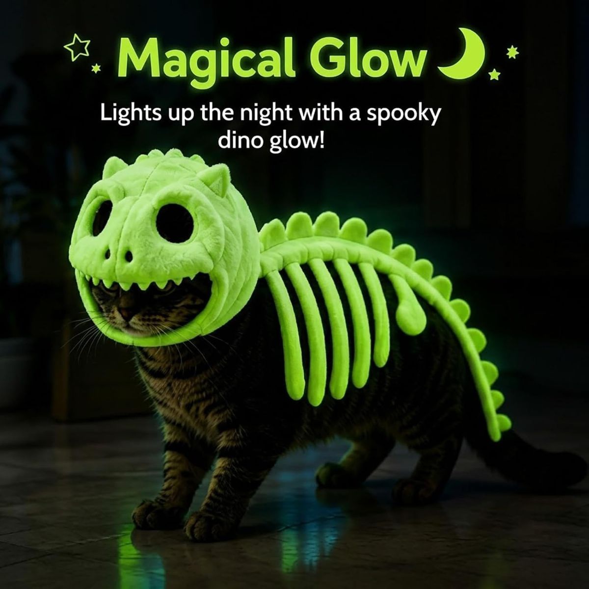 Dinosaur Skeleton Glow in Dark Dog and Cat Costume,Pet Dinosaur Costume,Plush Halloween Pet Hood Outfit - Purple - Size 47.2in