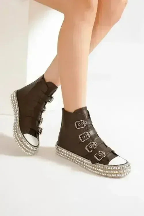 Studded Multi-Buckle Platform Sneakers