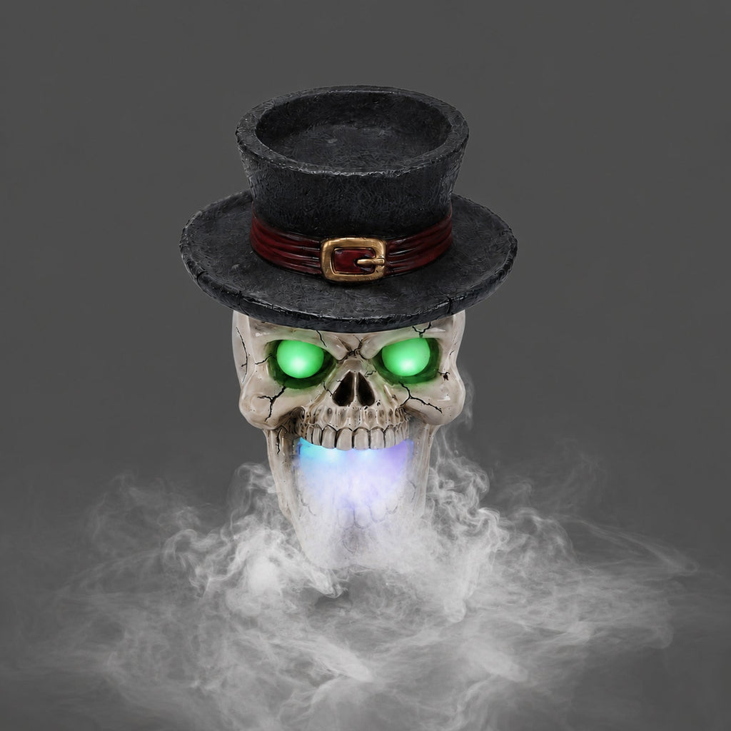 LED Light-Up Skull with Top Hat & Mist Maker Halloween Decoration