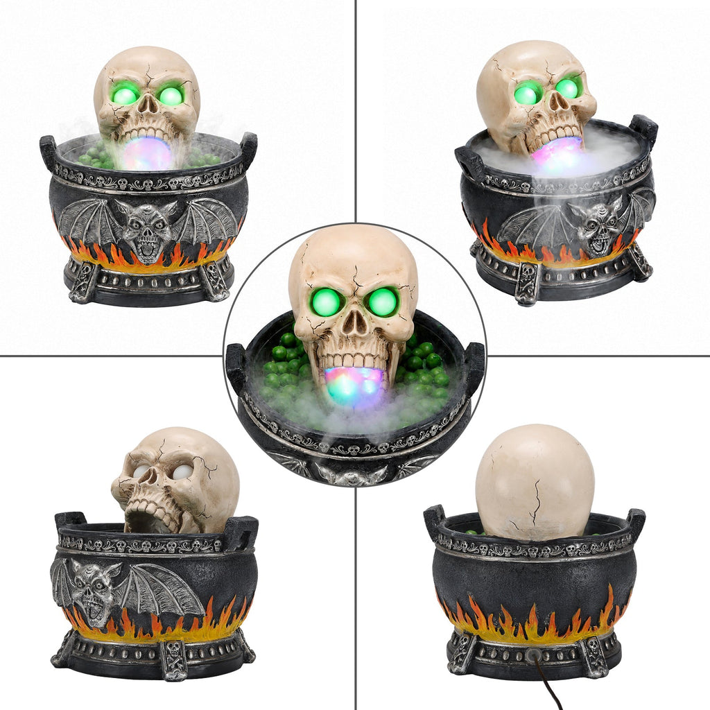Halloween Skull Cauldron Statue with LED Light and Smoke Fog Effect