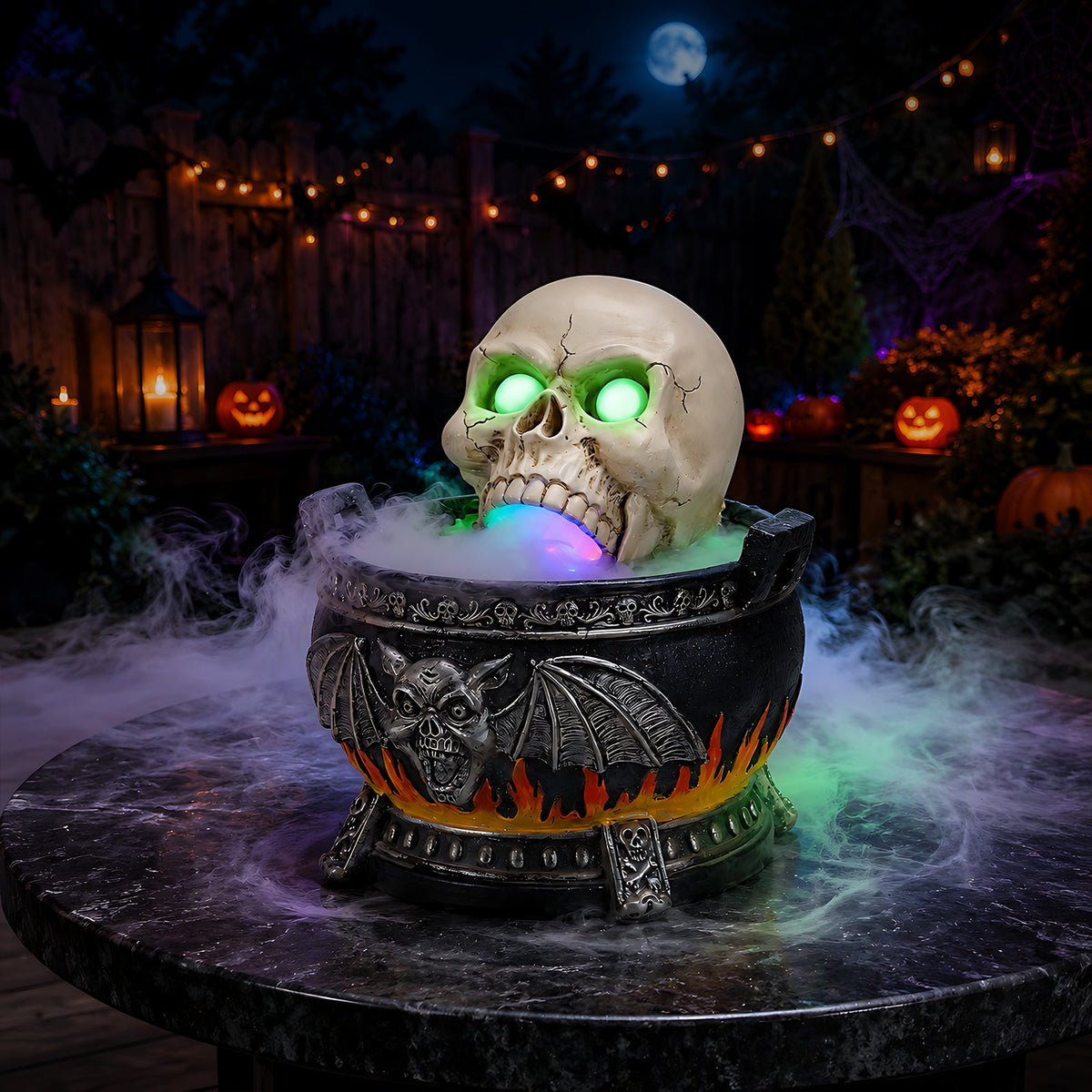 Halloween Skull Cauldron Statue with LED Light and Smoke Fog Effect