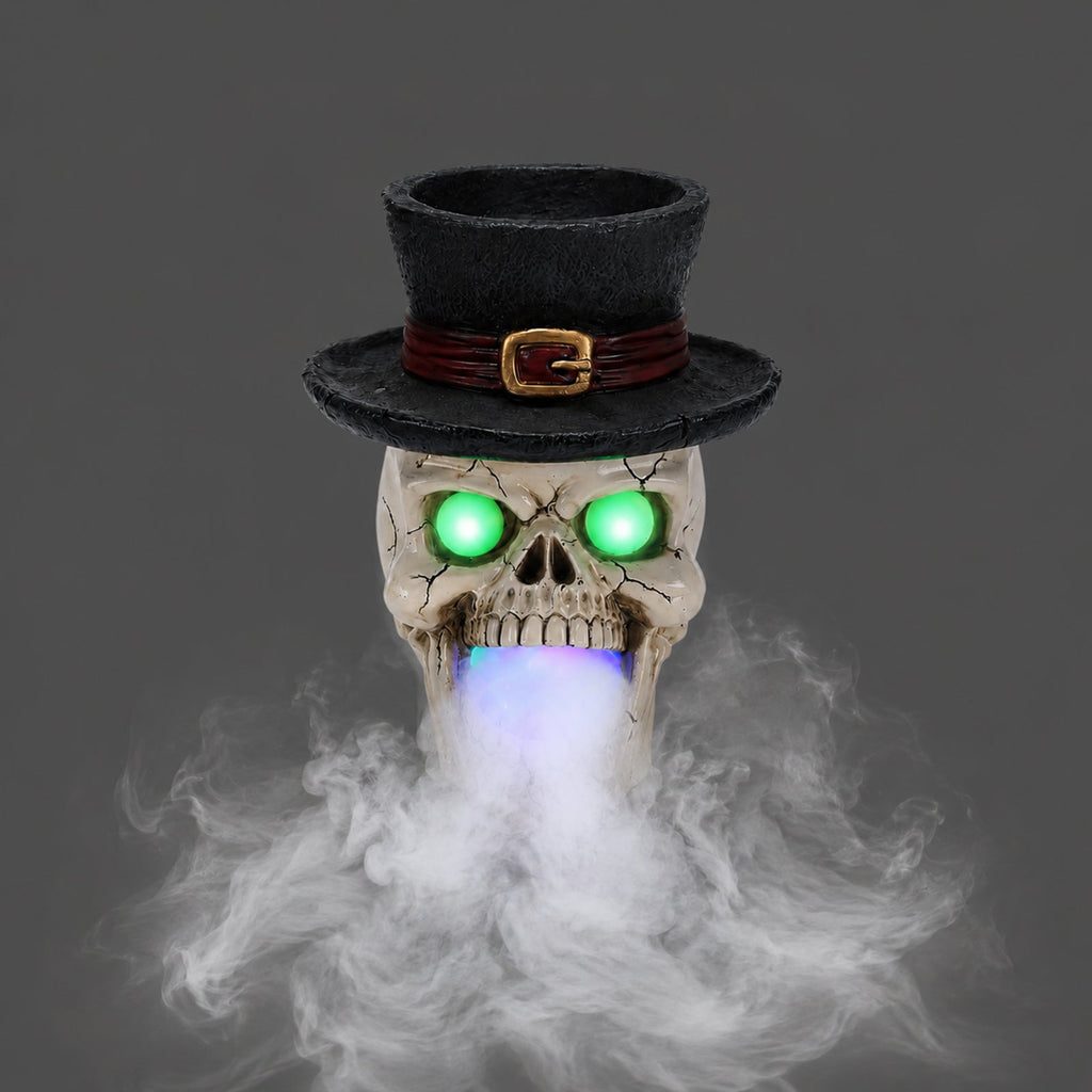 LED Light-Up Skull with Top Hat & Mist Maker Halloween Decoration