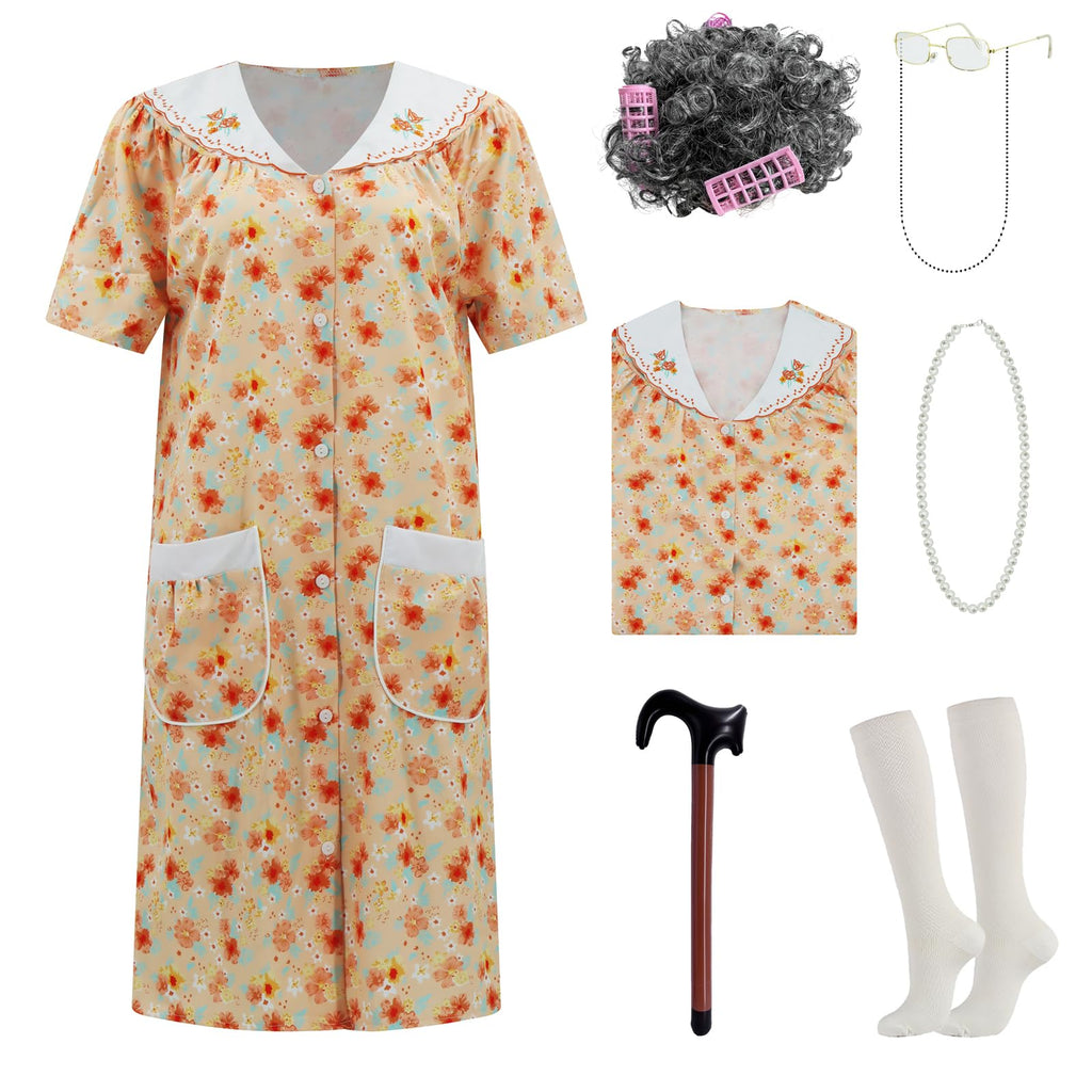 Old Lady Costume for Women Grandma Costume Kit with Nightgown Old Lady Dress Granny Costume Halloween Outfits S/M