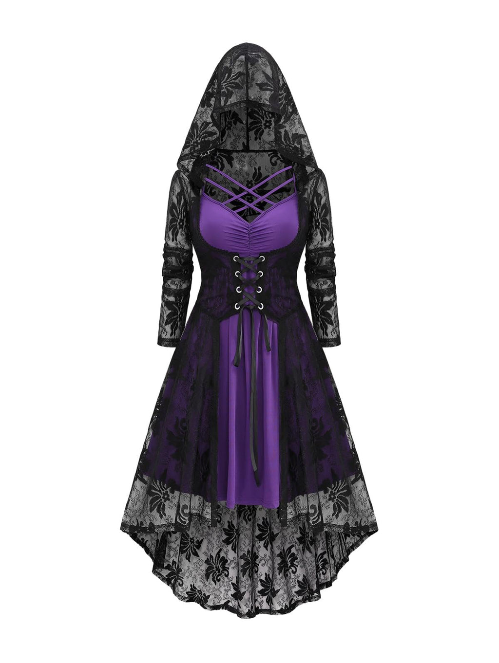 Womens Plus Size 2pcs Witch Halloween Costume Gothic Lace Hooded Lace-up High Low Hem Long Top and Crisscross Strappy Cami Dress(Purple_4/3X)