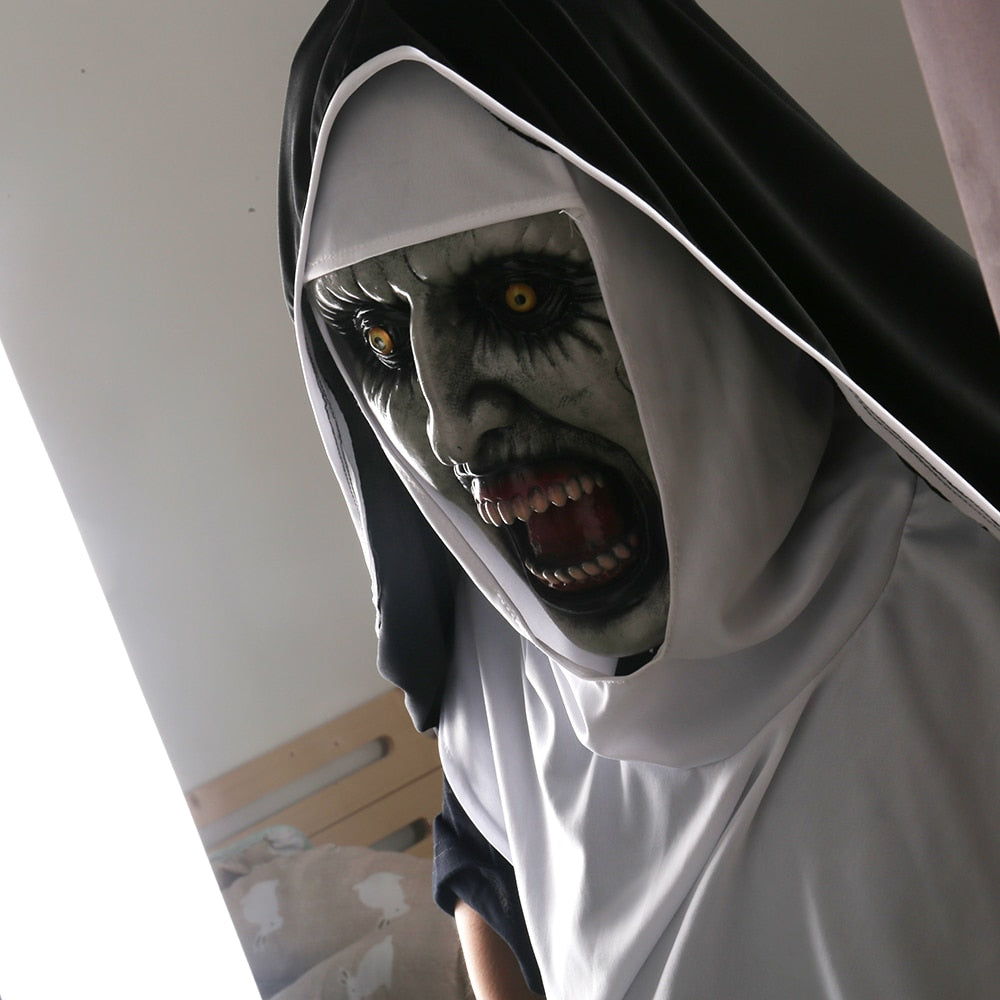 The Nun Horror Mask Cosplay Valak Scary Latex Masks with Headscarf Veil Hood Full Face Helmet Horror Costume Halloween Prop