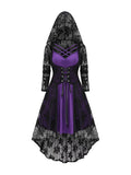 Womens Plus Size 2pcs Witch Halloween Costume Gothic Lace Hooded Lace-up High Low Hem Long Top and Crisscross Strappy Cami Dress(Purple_4/3X)