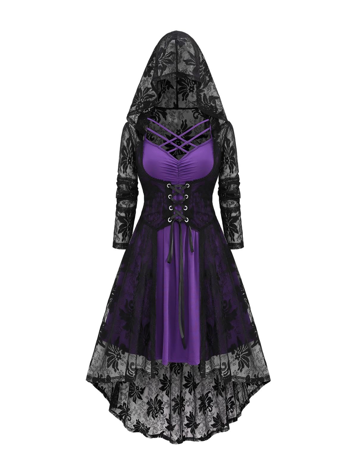 Womens Plus Size 2pcs Witch Halloween Costume Gothic Lace Hooded Lace-up High Low Hem Long Top and Crisscross Strappy Cami Dress(Purple_4/3X)