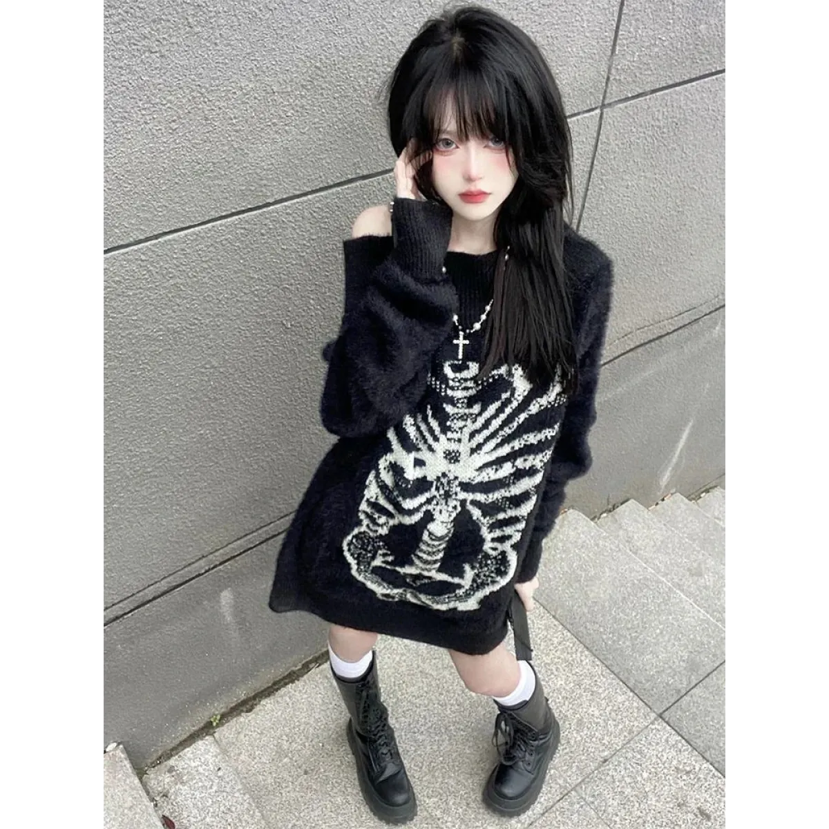 Black Skull-Print Gothic Grunge Sweater