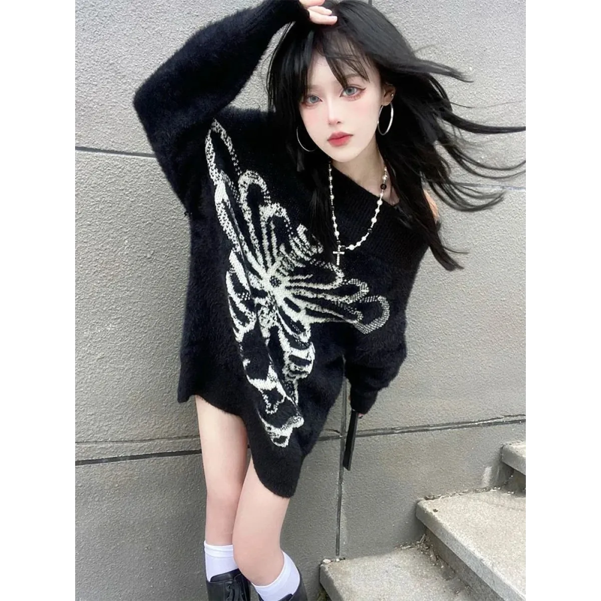 Black Skull-Print Gothic Grunge Sweater