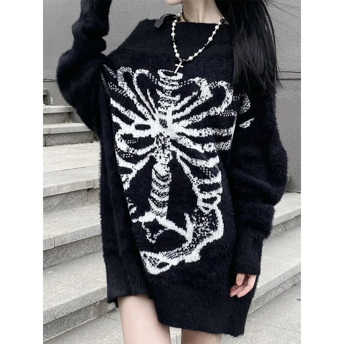 Black Skull-Print Gothic Grunge Sweater