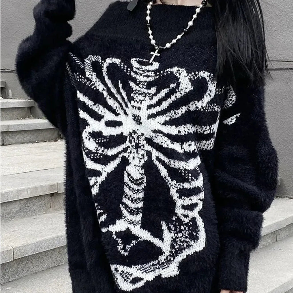 Black Skull-Print Gothic Grunge Sweater