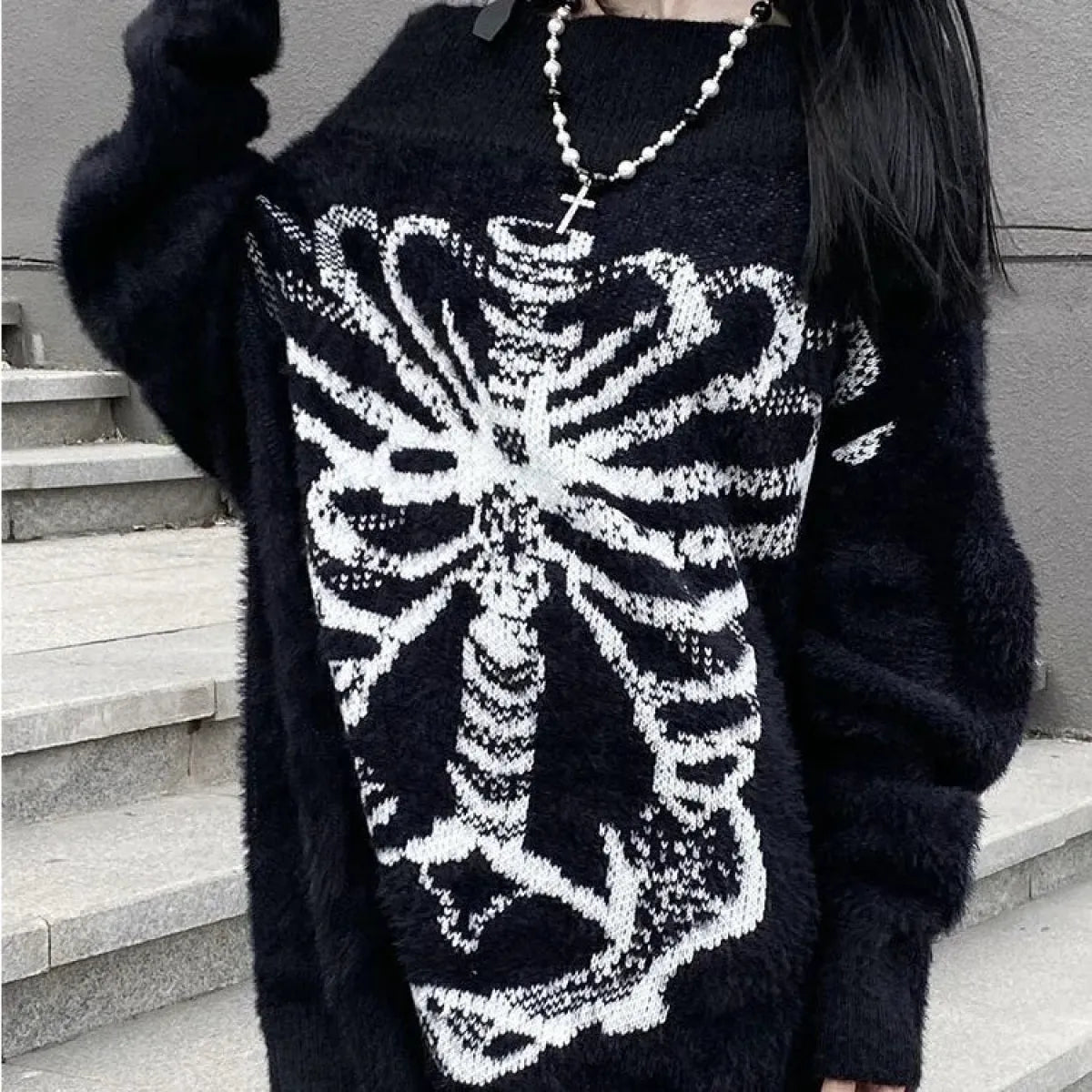 Black Skull-Print Gothic Grunge Sweater
