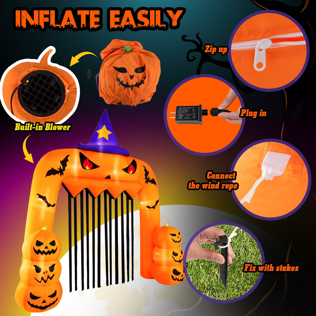 Halloween Inflatable Pumpkin Archway with Stakes and Water Bags