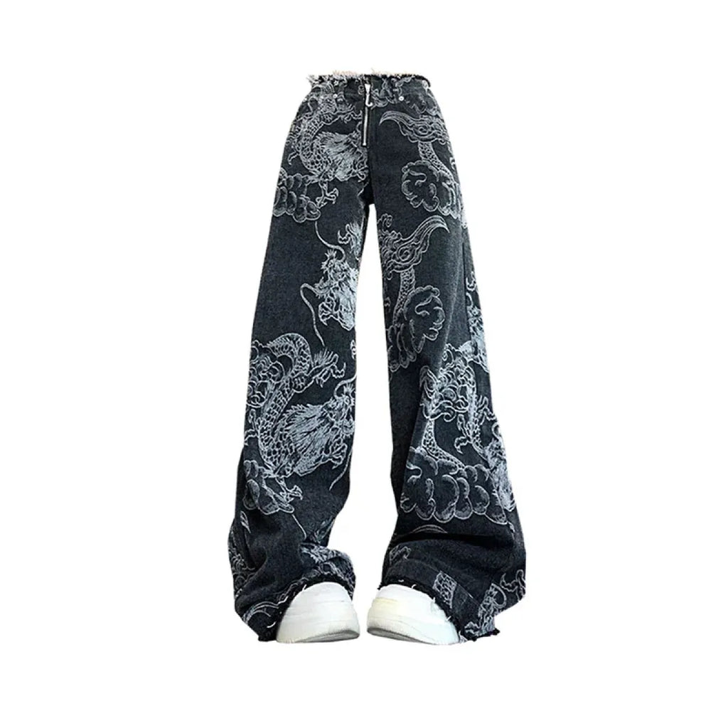 Gothic Dragon-Print Baggy Jeans