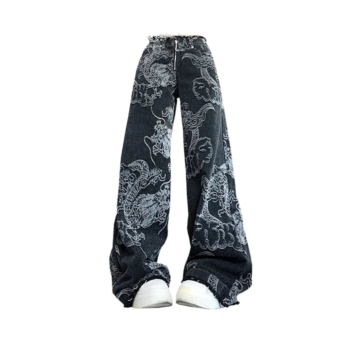 Gothic Dragon-Print Baggy Jeans