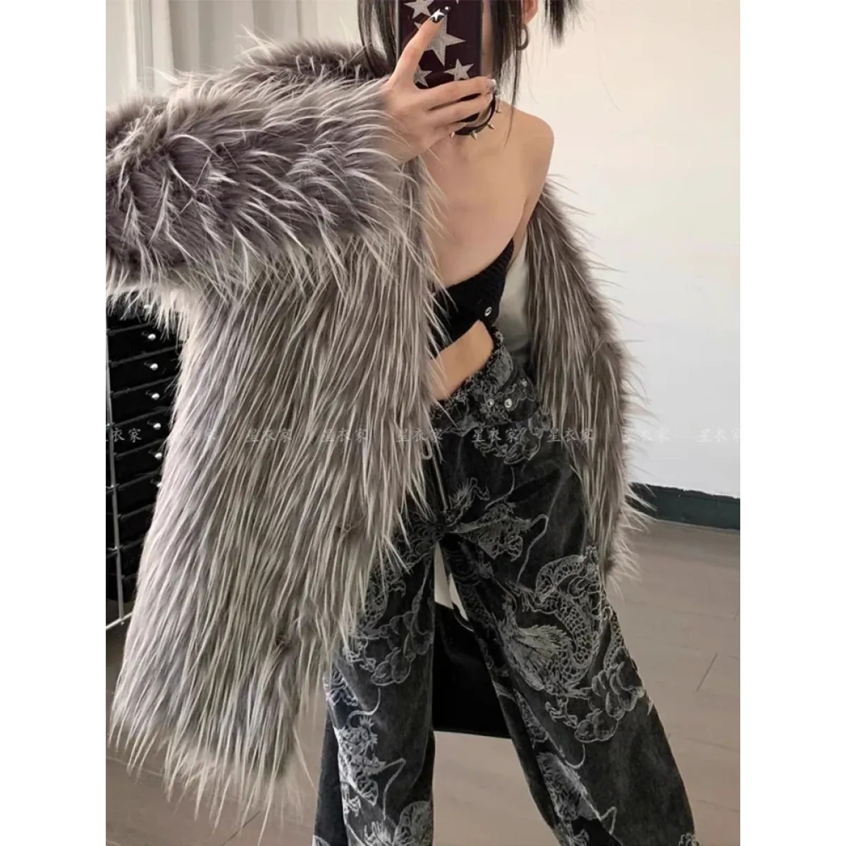 Gothic Dragon-Print Baggy Jeans