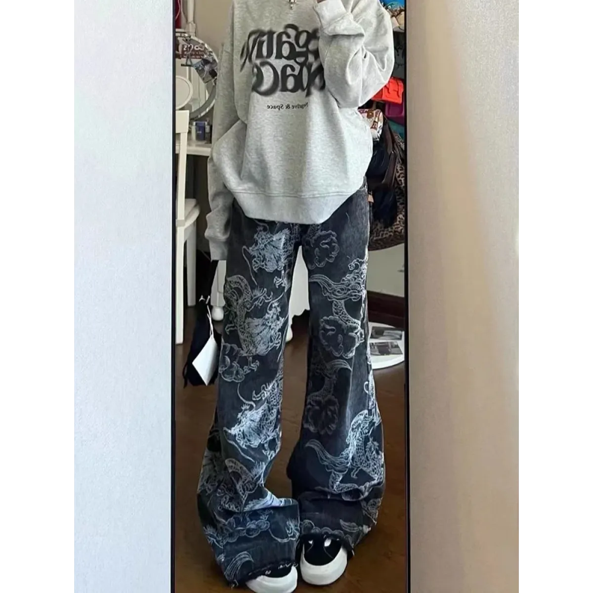 Gothic Dragon-Print Baggy Jeans