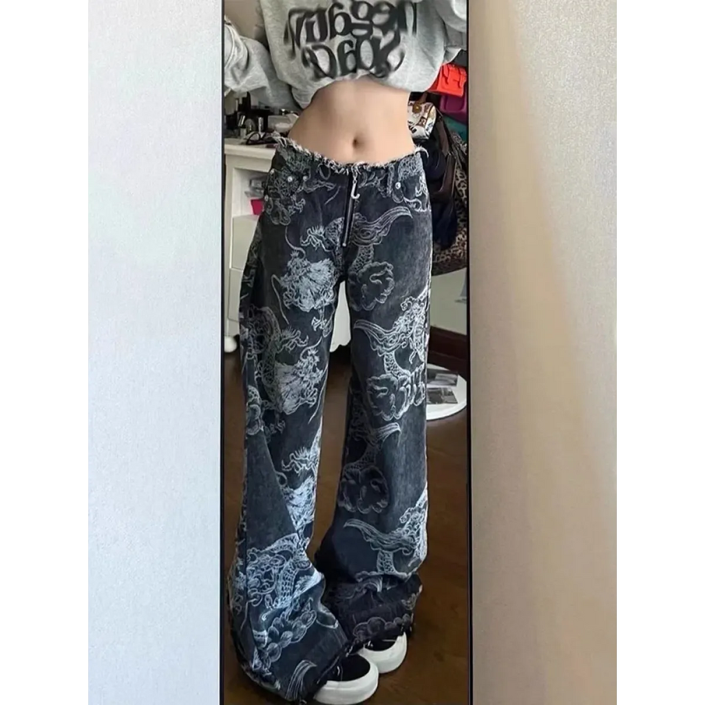 Gothic Dragon-Print Baggy Jeans