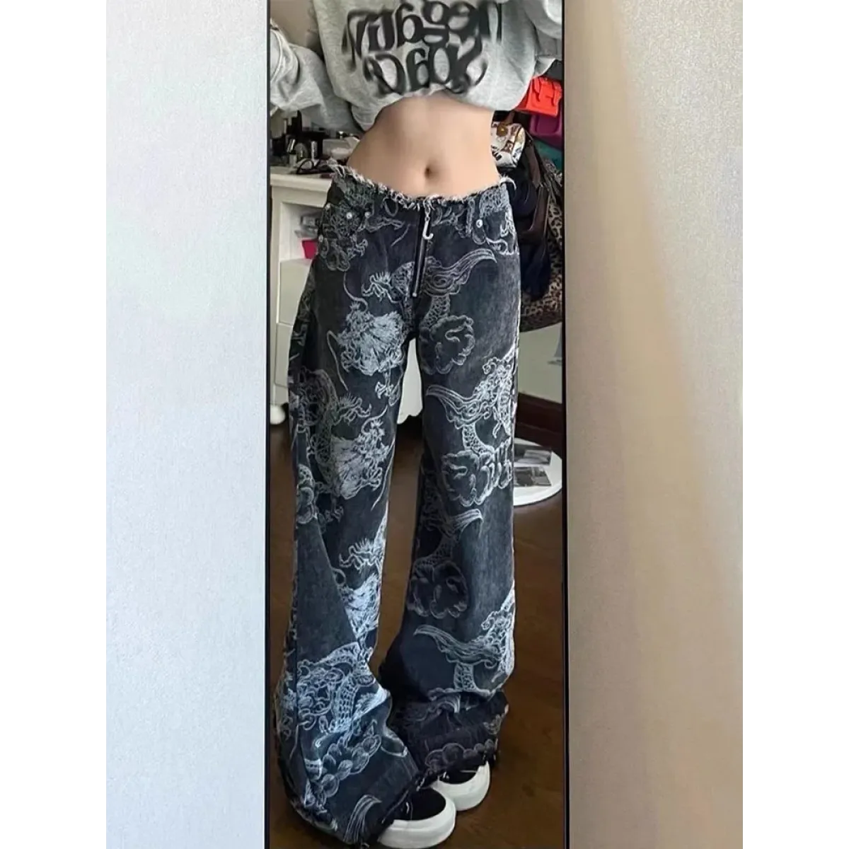 Gothic Dragon-Print Baggy Jeans
