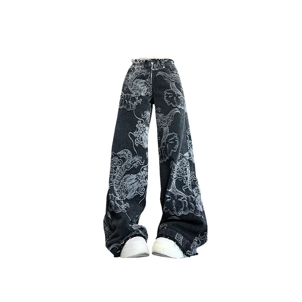 Gothic Dragon-Print Baggy Jeans