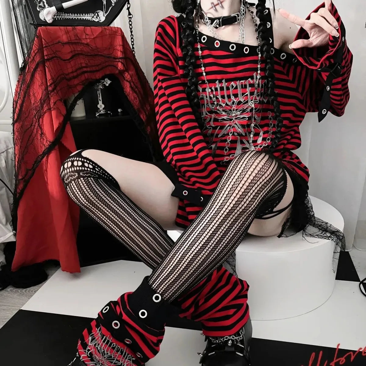 Striped Gothic Punk Top & Leg Warmers