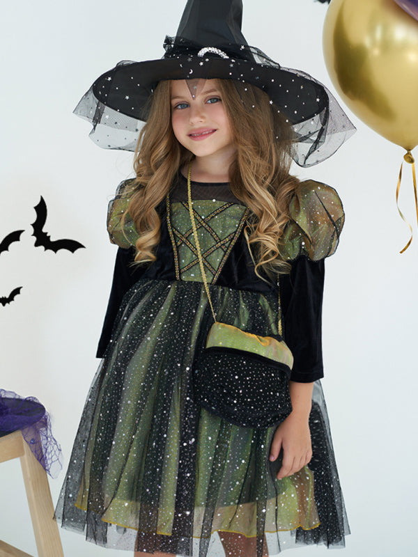 Sparkly Girls Witch Dress Halloween Costume - Green & Gold