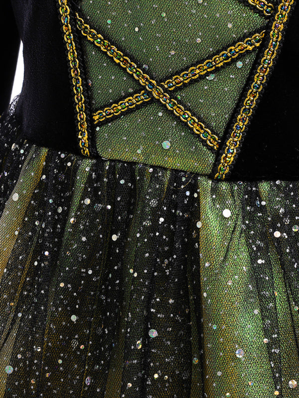 Sparkly Girls Witch Dress Halloween Costume - Green & Gold