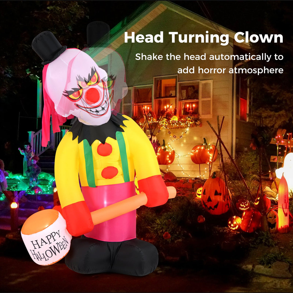 5.9 x 7.9 FT Inflatable Halloween Head Turning Clown with Hammer and Flashing Eyes