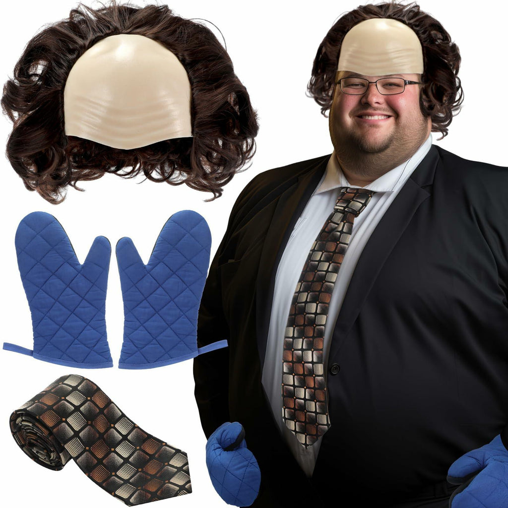 Bald Man Costume Set Brown Wig Bald Cap Gloves One Size