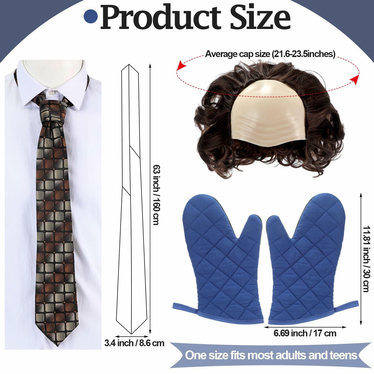 Bald Man Costume Set Brown Wig Bald Cap Gloves One Size