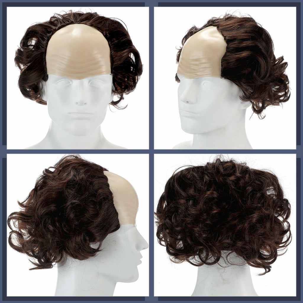 Bald Man Costume Set Brown Wig Bald Cap Gloves One Size